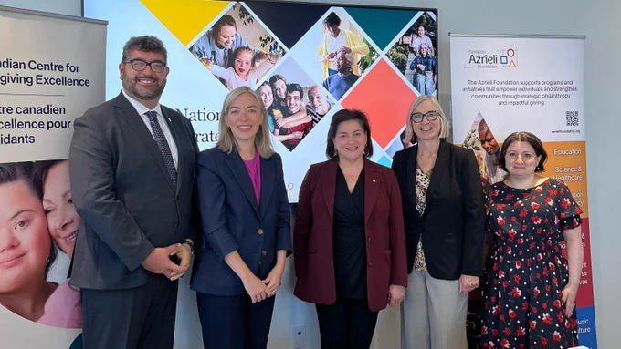 Minister Patty Hajdu and Parliamentary Secretary Leslie Church with the Azrieli Foundation's CEO Naomi Azrieli and CCCE's James Janeiro and Liv Mendelsohn 