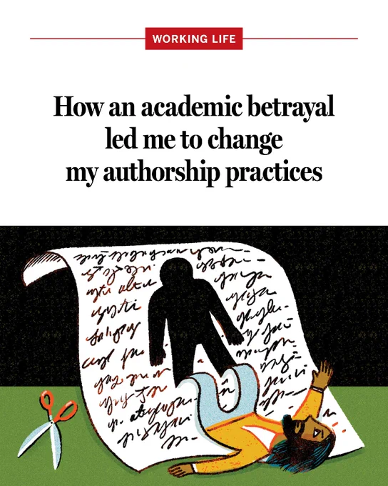An illustration of a man falling out of a piece of paper, with text that says: How an academic betrayal led me to change my authorship practices.