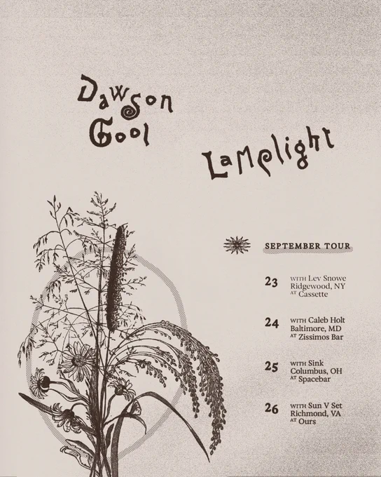 Poster for Dawson Cool's 'Lamplight' September tour features stylized brown text with plant illustration on a beige background. Tour dates listed.