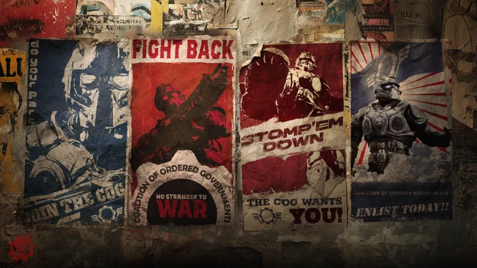 Illustrations of COG “propaganda” posters on a concrete wall background that is plastered with old and torn paper. First poster shows a close-up of a Gear in blue and white contrast, and the text reads: “Do your part. Join the COG;” the second one shows a Gear in red and black contrasts holding up a Lancer, and the text reads: “Fight back. Coalition of Ordered Governments. No stranger to war.” The third one shows a Gear in deep red and white contrast doing a Curb Stomp, and the text reads: “Stomp ‘em down. The COG wants you!” The last one shows a Gear heroically holding a flag, surrounded by clouds, and the text at the bottom reads: “Coalition of Ordered Governments. Enlist Today!!!”  