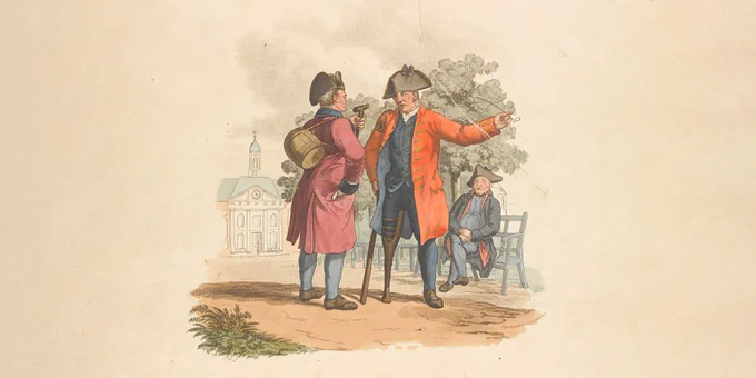Print depicting three historical figures in 18th-century attire, one gesturing towards a Georgian building in the background.