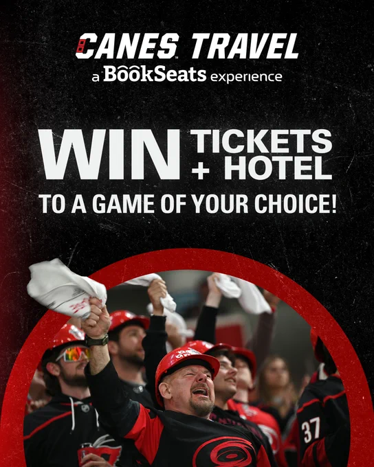 Graphic promoting an enter to win tickets   hotel to a Canes game of your choice via BookSeats