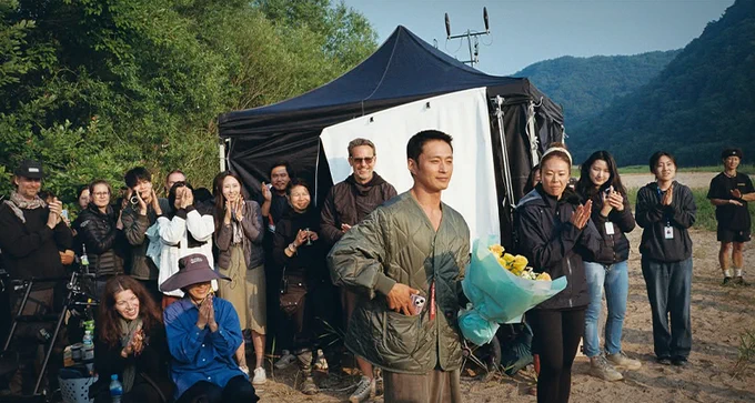 Behind-the-scenes photo of the cast and crew of the Apple TV show 'Pachinko', including Film Independent Project Involve Fellow Ante Cheng, who is nominated for an Emmy in cinematography.
