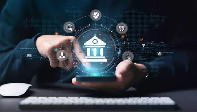 Person using a smartphone with digital banking icons floating around, symbolizing modern financial technology and the rise of Embedded Banking solutions.