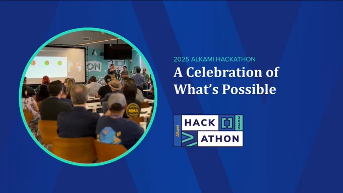 Graphic: 2025 Alkami Hackathon. A celebration of what's possible. With an image of last year's hackathon. 