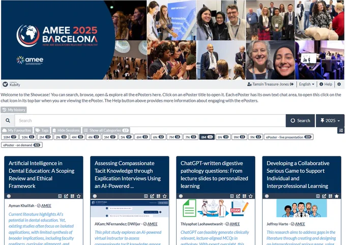Screenshot showing the AMEE ePoster showcase filtered to just show the ePosters in session 8M. 