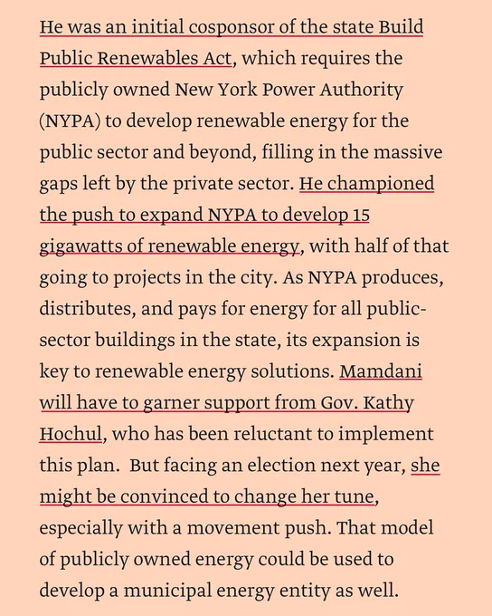 He was an initial cosponsor of the state Build Public Renewables Act, which requires the publicly owned New York Power Authority (NYPA) to develop renewable energy for the public sector and beyond, filling in the massive gaps left by the private sector. He championed the push to expand NYPA to develop 15 gigawatts of renewable energy, with half of that going to projects in the city. As NYPA produces, distributes, and pays for energy for all public-sector buildings in the state, its expansion is key to renewable energy solutions. Mamdani will have to garner support from Gov. Kathy Hochul, who has been reluctant to implement this plan.  But facing an election next year, she might be convinced to change her tune, especially with a movement push. That model of publicly owned energy could be used to develop a municipal energy entity as well. 