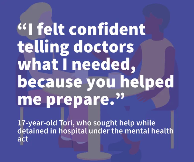 An illustration of two people sat down talking over a table on a bright blue background. A quote from Tori is layered over the top which says she felt confident talking to doctors with her advocate's help