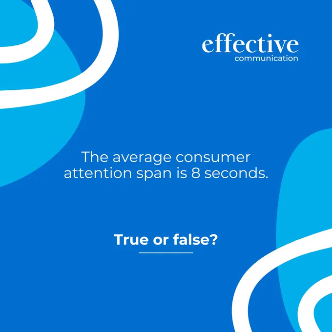 A dark blue graphic with light blue and white shapes in the corners, with text in the centre of the page which reads, 'The average consumer attention span is 8 seconds. True or false?'.