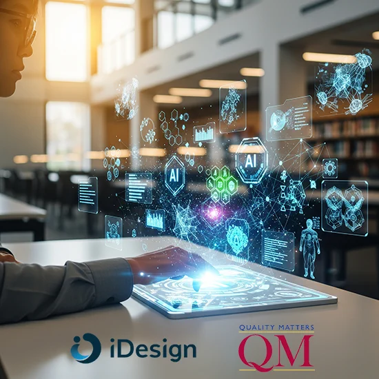 Person in a library using a futuristic digital tablet that projects glowing AI-driven holographic charts, icons, and network diagrams. Logos of iDesign and Quality Matters appear in the bottom corners of the image.
