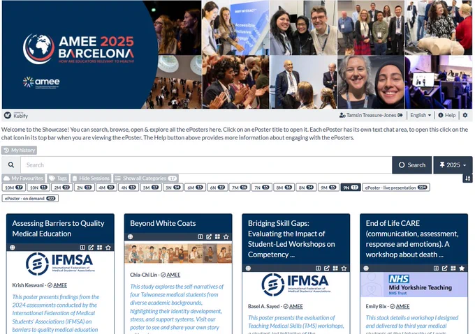Screenshot showing the AMEE ePoster showcase filtered to just show the 9N session ePosters. 