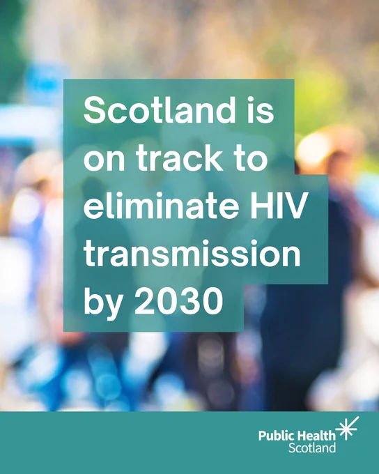 Blurred background showing a group of people walking. Text in front shows 'Scotland is on track to eliminate HIV transmission by 2030'. 
A green banner and Public Health Scotland logo is at the bottom.