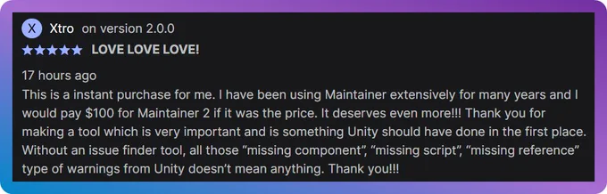 5-star review from Xtro praising Maintainer for catching missing references and being a must-have Unity tool
