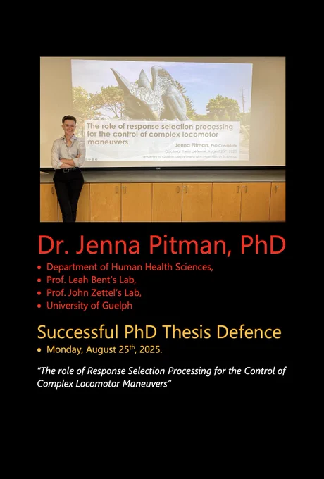 A photo of Jenna at her defence, in front of a projected title screen with the same title of her thesis that is listed in this posting.