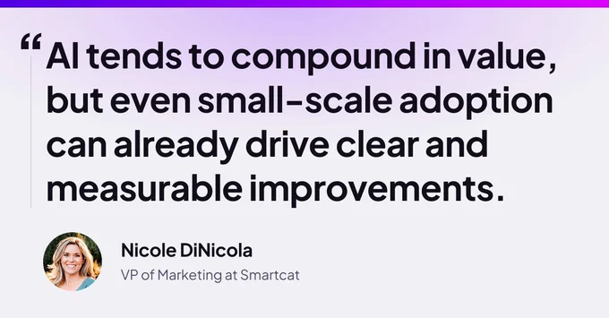 Quote graphic on a light purple gradient background. Large text reads, “AI tends to compound in value, but even small-scale adoption can already drive clear and measurable improvements.” Bottom left is a small circular headshot next to the attribution line “VP of Marketing at Smartcat.”