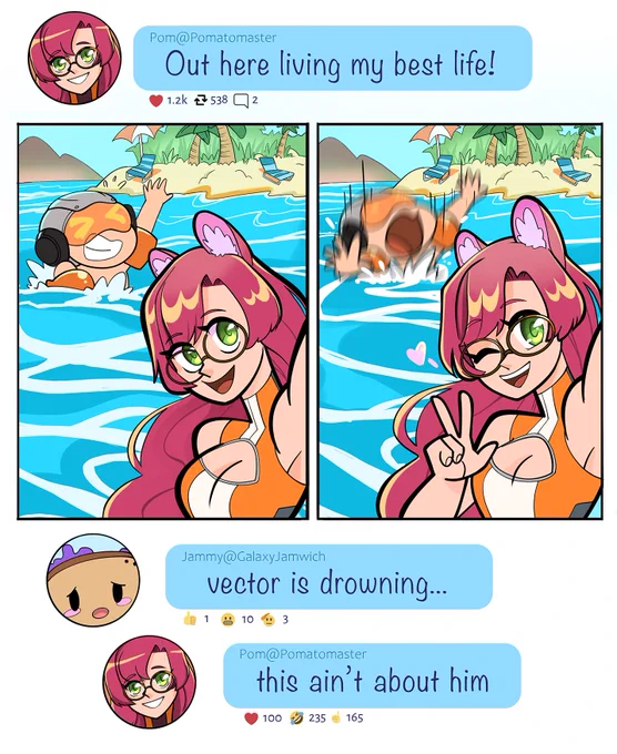 Social media interaction: Pomato takes selfies at the beach, while Vector Spaceman struggles to stay afloat in the background.

"Out here living my best life!"
"vector is drowning..."
"this ain't about him"