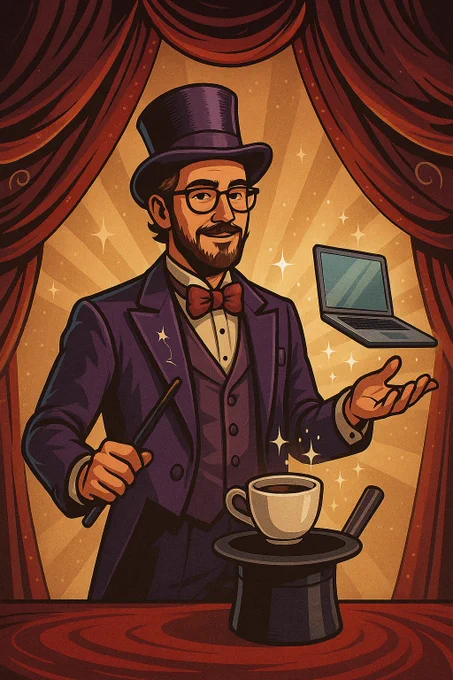 Barwna ilustracja przedstawia freelancera jako iluzjonistę na scenie. Ubrany w purpurowy frak i cylinder, z uśmiechem trzyma różdżkę i laptopa lewitującego nad filiżanką kawy w magicznym kapeluszu. W tle błyskotliwa kurtyna i gwiazdy stylizowane na plakat show z lat 50.