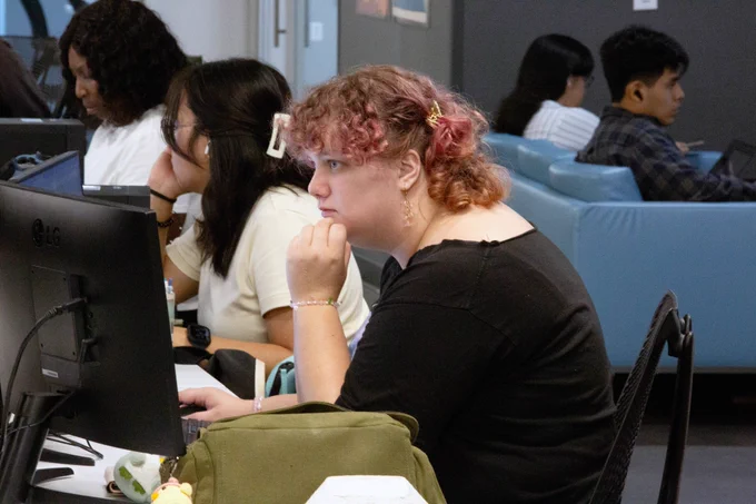 {ID: Pictured is a photo of a student using a computer on the first floor of the UTA Central Library.]