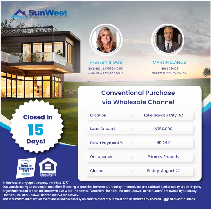 Special thanks to Martin Llanos at Greenkey Financial, INC. for trusting Sun West to finance this purchase for Theresa Riggs’s buyer. Closed in 15 days!