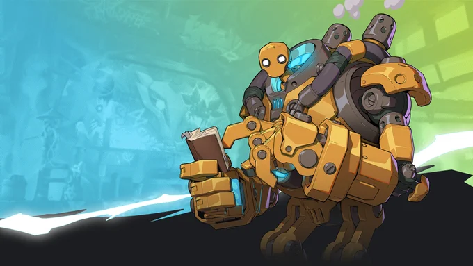 Blitzcrank, a giant steam golem, reads a book while looking at you on a blue and green background.