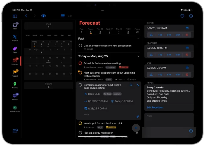 Screenshot of Forecast perspective in OmniFocus 4.7 for iPad, demonstrating Planned Dates, Forecast summary task dots, and new repeat functionality.