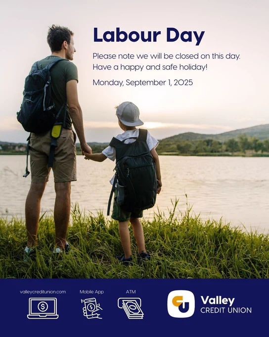 Adult and child look at the water with backpacks on. Information about branches for Valley Credit Union closed on September 1st with alternative banking services: Website, Mobile App, and ATMs