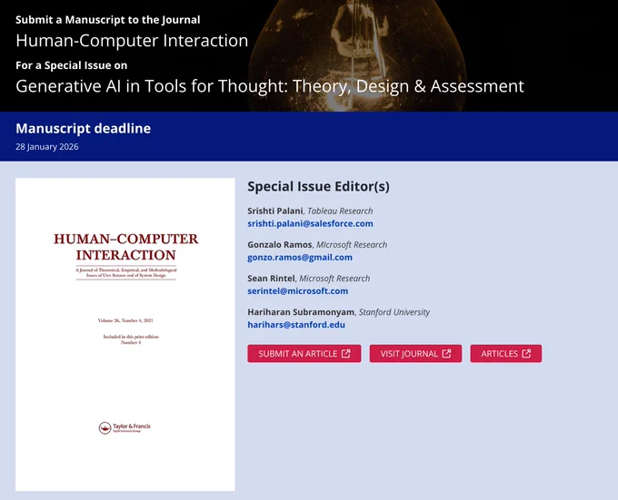Screenshot of the special issue website showing title, organizers and links to submit the article. Manuscript deadline is 28th January 2026. Organizers are Srishti Palani, Gonzalo Ramos, Sean Rintel, and Hariharan Subramonmyam