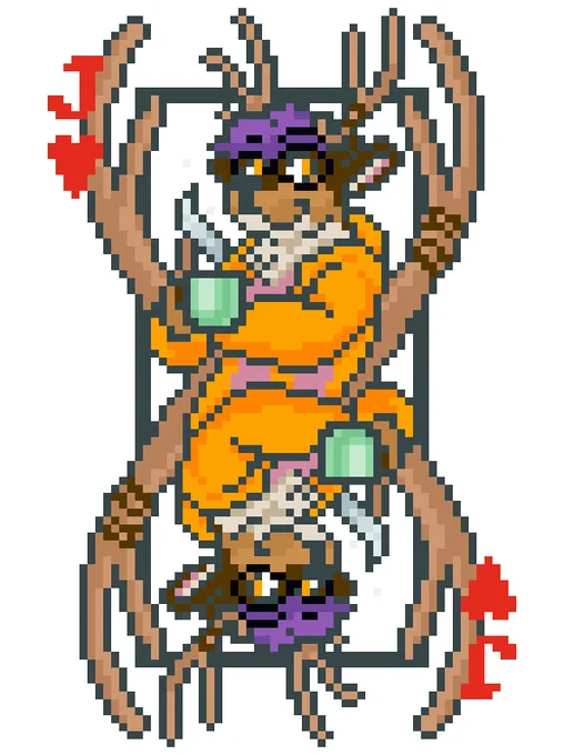 Pixel art of a playing card, the Jack of Hearts, but the jack is replaced by an anthropomorphic deer in a yellow hoodie holding a mug with some kind of hot liquid in!