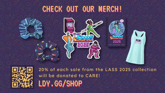 Check out our merch at ldy.gg/shop 20% of each sale from the LASS 2025 collection will be donated to CARE

features images of merch: 2 scrunchies, 5 stickers, a poster, a racerback tank top, with more on the site
