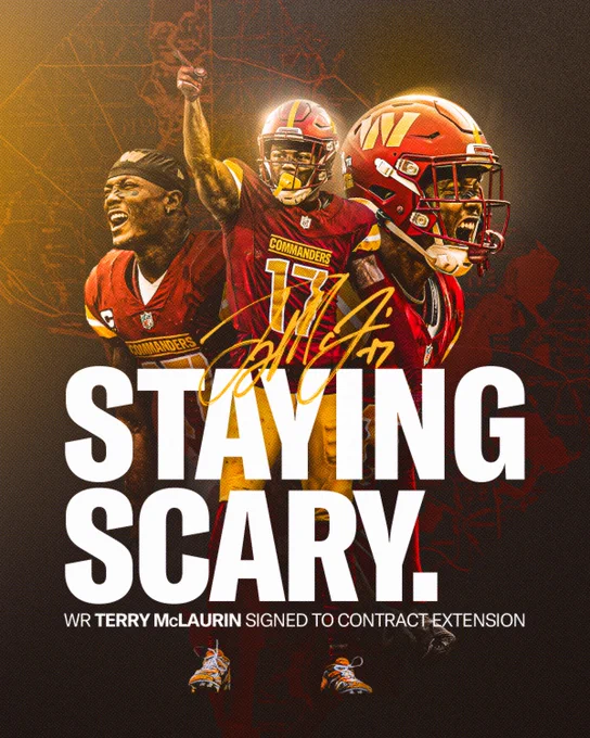 Graphic. It features three cutout photos of Terry McLaurin. The center says "STAYING SCARY" and below that it says "WR Terry McLaurin signed to contract extension."