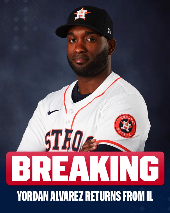BREAKING
Yordan Alvarez returns from IL
Pictured: Yordan Alvarez wears a white Astros jersey with a blue cap.