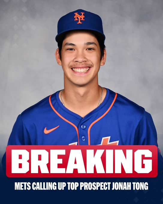 BREAKING: Mets calling up top prospect Jonah Tong
Pictured: A headshot of Jonah Tong smiling in a blue Mets uniform with orange lettering