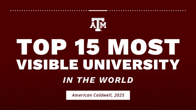 Text on a maroon background reads "Top 15 Most Visible University in the World, American Caldwell, 2025" with Texas A&M University logo at the top.