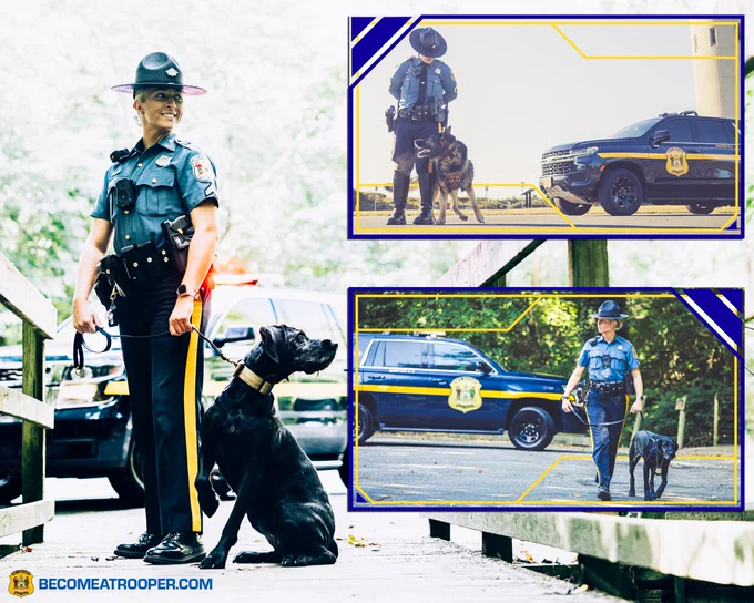 Photo collage of female Delaware State Police K9 handlers with seal and www.becomeatrooper.com on the bottom left.