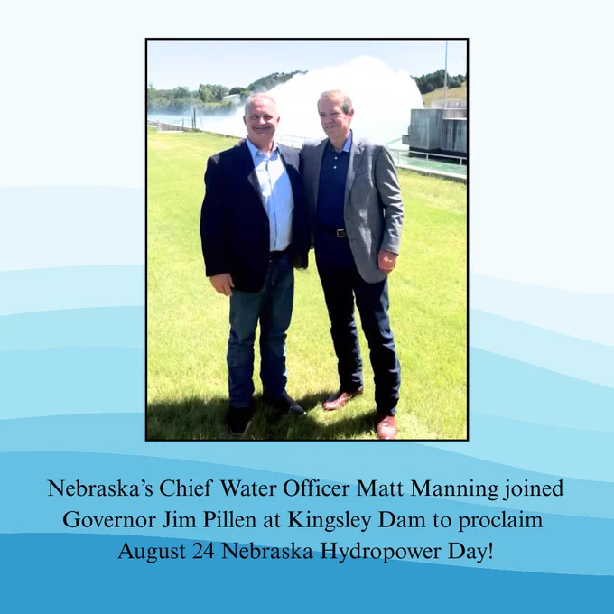 Nebraska's Chief Water Officer Matt Manning and Governor Jim Pillen at Kingsley Dam during the proclamation of Nebraska Hydropower Day.