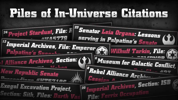An edited thumbnail image, graphics against a grungy concrete background. Across the top, in blocky serifed white text, reads "Piles of In-Universe Citations." Underneath, arranged in a messy jumble, are rectangular graphics filled with text: citations, with superscript numbers and archival origins, like "20: Imperial Archives, Section: ISB, File: Ferrix Occupation. Or "3: Exegol Excavation Project, Section: Sith Lords, Files: Darth Vader." On each of these graphics is an icon, indicating their origin: the Rebel starbird, the Imperial cog, the shining rays of the New Republic Insignia. And across these citations, familiar words are highlighted in a dull pink colour, to pop against the dark grey: words like "Wilhuff Tarkin," "Senate," "Rebel Alliance Archives," "Leia Organa."