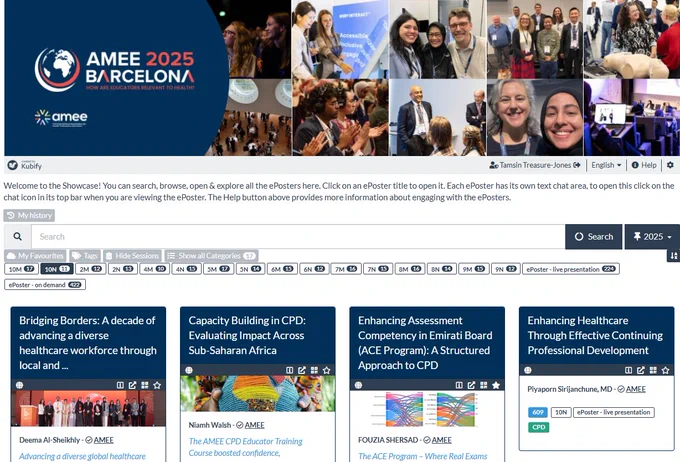 Screenshot showing the AMEE ePoster showcase filtered to just show the ePosters in session 10N. 