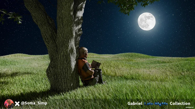 Gabriel Soma resting against a tree reading a Huxlee book under the moonlight