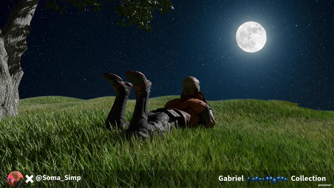 Gabriel Soma laying on his stomach star gazing under the moonlight