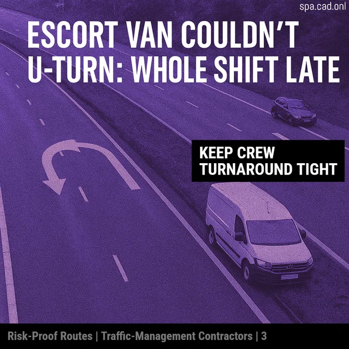 A purple-tinted aerial photo of a divided highway. A white van is stopped in the crossover, while a large painted U-turn arrow is visible on the asphalt. White text reads: “Escort van couldn’t U-turn: whole shift late.” A black text box says: “Keep crew turnaround tight.