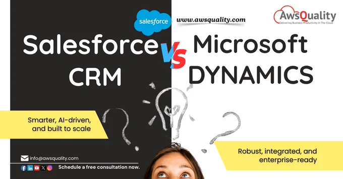 ⚡ Salesforce CRM vs Microsoft Dynamics ⚡

Both powerful. But only one is AI-driven, scalable and future-ready.

💼 Let AwsQuality guide your decision with a FREE Salesforce Audit with CPQ.

📧 info@awsquality.com 🌐 www.awsquality.com

Link in Bio- https://www.awsquality.com/salesforce-crm-solutions-vs-microsoft-dynamics-the-2025-comparison/

#SalesforceExperts #CRMsolutions #MicrosoftDynamics #SalesforceAudit #BusinessGrowth #CPQ #USABusiness #Salesforcecrm #Salesforceintegration #Salesforceprojects #AwsQuality