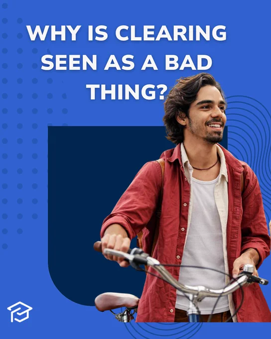 Image featuring a person on a bicycle, smiling, with text that reads 'Why is clearing seen as a bad thing?' set against a blue background with a graphic of a house outline.