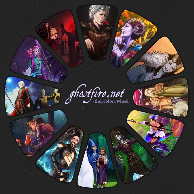 Color wheel with twelve panels. Illustrations with general color palates are arranged so that they start with red at the top, yellow on the right, green on the bottom, and blue on the left. All artwork by ghostfire / ghostfire.net