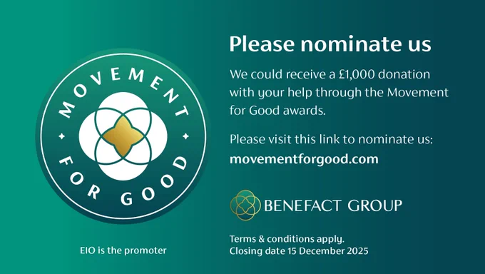 Graphic asking you to nominate St Teresa's Hospice in the Movement for Good awards. Includes the Benefact Group's logo and their Movement for Good logo.