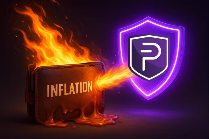 A wallet melting under heat labelled 'inflation', as a glowing purple PIVX shield intercepts a stream of fire