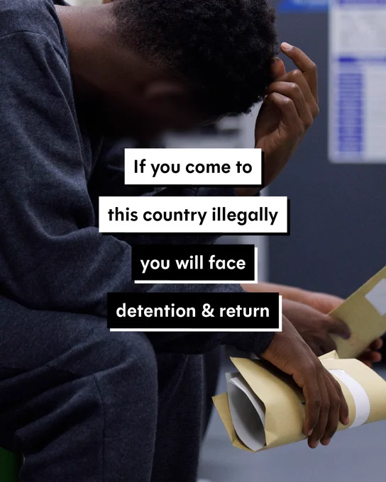 Graphic showing a man holding paperwork with the text 'if you come to this country illegally you will face detention & return'