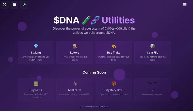 FLASH NEWS: @Cr00tsNFT Launches New $DNA Utilities Website; Staking on @EbisusBay, Lottery & Coin Flip on @CroVegasFun   NFT Mints & Mystery Boxes Coming