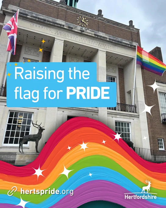 Pride flag and Union flag fly outside County Hall in Hertford.