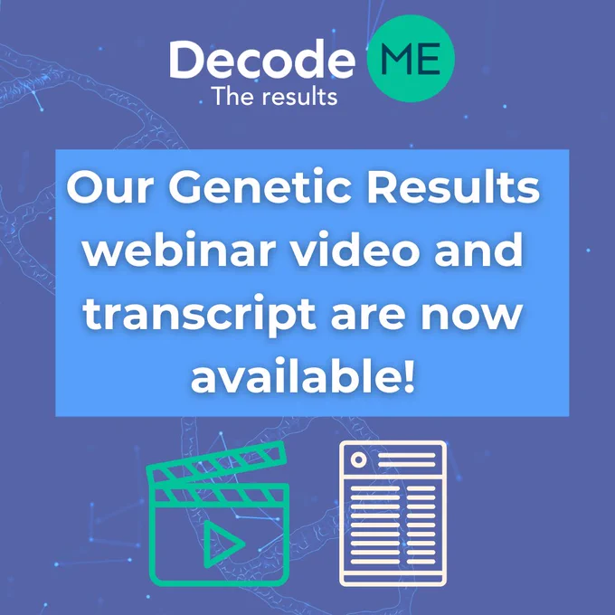 DecodeME 'The Results'. Post reads: 'Our Genetic Results webinar video and transcript are now available!'. Beneath this is an image of a clapperboard and an image of a transcript.