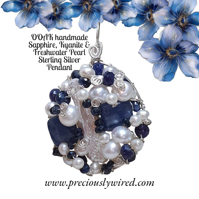 Dazzling, OOAK handmade, Sapphire, Kyanite & Freshwater Pearl Sterling silver round pendant.  Available www.preciouslywired.com

https://www.preciouslywired.com/product/sapphire-kyanite-pearl-sterling-wire-wrapped-round-ooak-pendant
